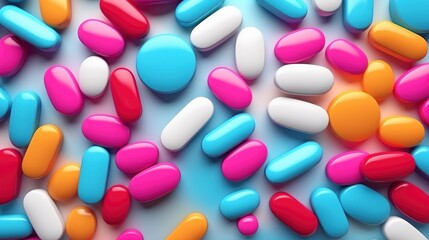 Obraz na płótnie Canvas Pattern of pills and medicine capsules on vivid color background