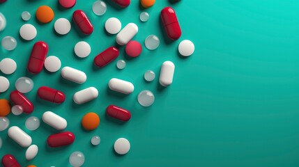 Pattern of pills and medicine capsules on vivid color background