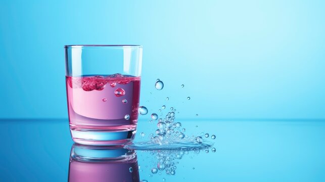 Pills dissolving in glass of water on solid color background