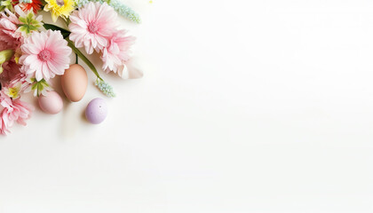 Happy Easter! Colorful Easter eggs with blossoms and spring flowers. flat lay on light background. Stylish tender spring template with space for text. Greeting card or banner Copy space 