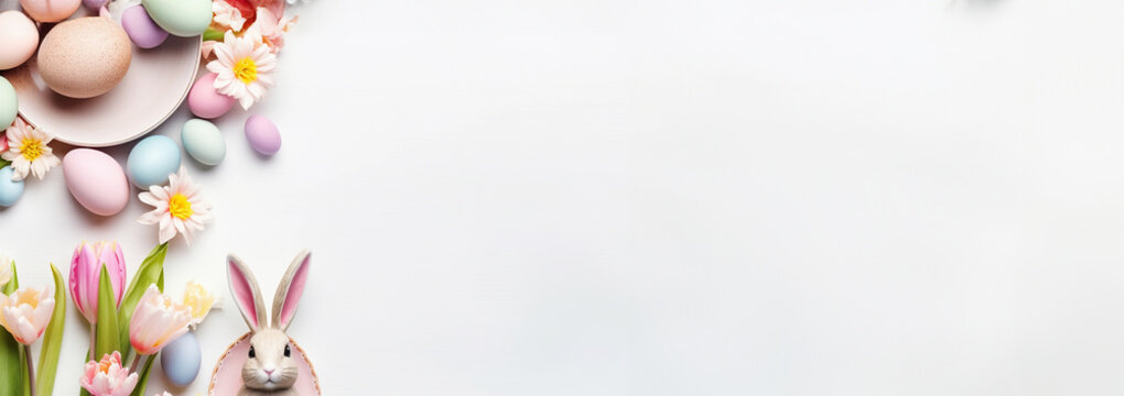 Happy Easter! Colorful Easter eggs with blossoms and spring flowers. flat lay on light background. Stylish tender spring template with space for text. Greeting card or banner Copy space 