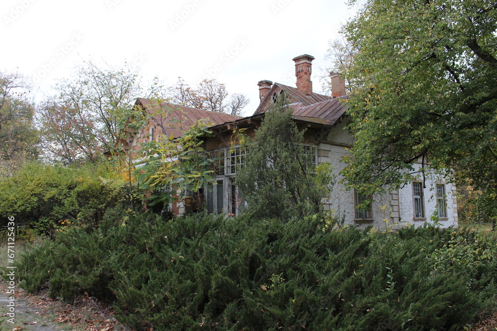 Wall mural A house with bushes and trees