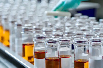 Medical vials on production line at pharmaceutical factory. AI generated