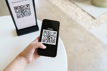 Qr code payment. E wallet. Man scanning tag accepted generate di