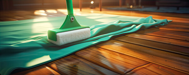 washing wooden laminate floor using microfiber swiffer or wet mop pad, homework cleaning routine concept. housekeeping work detail. - obrazy, fototapety, plakaty
