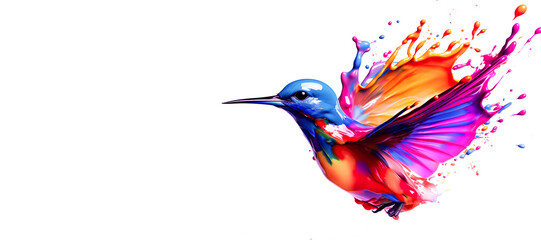 Fantasy digital art of hummingbird flying with multicolored liquid splash in surface.funny animal in surreal surrealism ideas.creativity and inspiration background.