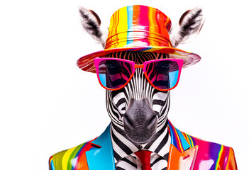 Fototapeta na wymiar Fantasy zebra wearing glasses with multicolored style.funny wildlife in surreal surrealism art.creativity. and inspiration background.