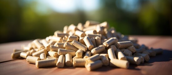 Obraz premium Biofuel pellets, cut logs, and briquettes photographed during the day.