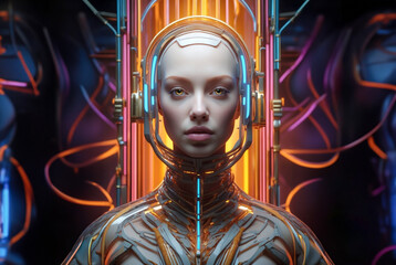 Hybrid computer, artificial intelligence with an ivory woman's face surrounded by colored tubes. Conceptual artistic design. - obrazy, fototapety, plakaty