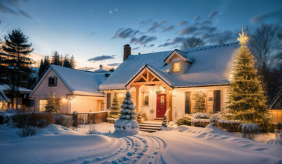 Weihnachtlich dekoriertes Haus im Abendlicht mit schneebedecktem Dach und festlichem Garten mit Weihnachtsbaum und Lichterketten, Sonnenuntergang