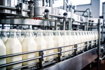 Efficient Milk Bottling Process in a Dairy Facility - obrazy, fototapety, plakaty