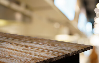 Empty wood table top and blur of out door garden background Empty wooden table space for text marketing promotion. blank wood table copy space for background