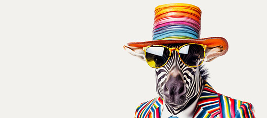 Fantasy zebra wearing glasses with multicolored style.funny wildlife in surreal surrealism art.creativity. and inspiration background.
