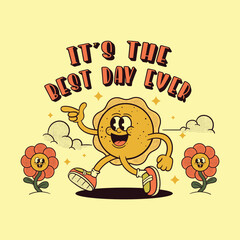 Obraz premium walking sun character t-shirt design illustration with flowers