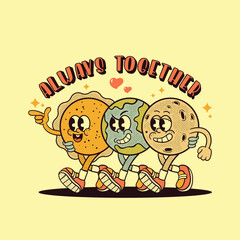 illustration of cartoon characters, earth, sun and moon walking side by side