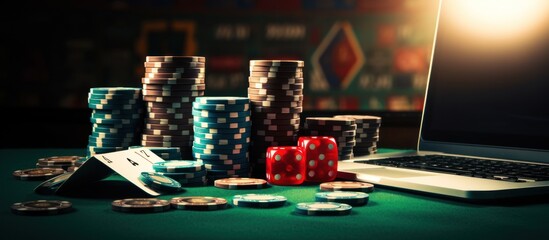 Online casino gambling and internet betting concept with a laptop, poker chips, and dice. - obrazy, fototapety, plakaty