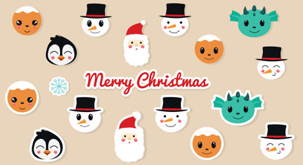 Christmas cartoon vector design elements set. Collection of Christmas stickers.