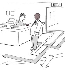Black doctor looks at many arrows on floor