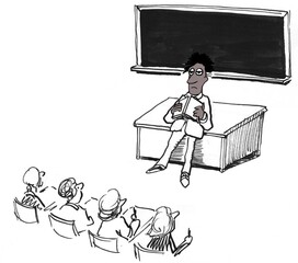 Black teacher is tired and nervous.