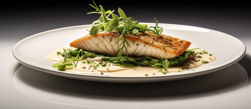 Zander fillet plated with fresh greens and a flavorful sauce.
