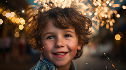A young boy with wavy hair and a joyous expression marvels at the mesmerizing fireworks display against a city backdrop with glowing bokeh lights.