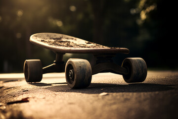 Skateboard with wheels that are dirty and needs to be repaired. - obrazy, fototapety, plakaty