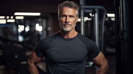 Gray-haired man, 50+ years old, in good athletic shape with pronounced muscles in the background of the gym