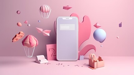 3D e-commerce banner or landing page template. Phone on round podium with cart and shopping items flying around. Concept of credit card reward for online shopping. 