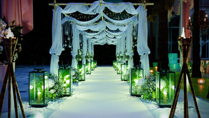 3D render of Beautiful wedding ceremony decoration, wedding entrance path way.