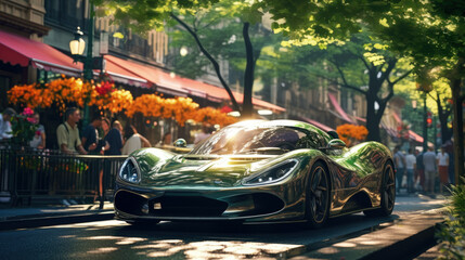 A futuristic gleaming electric car glides silently through a bustling city, surrounded by green trees and clean air