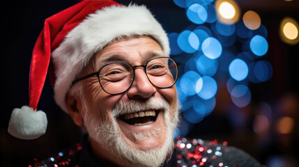 A cheerful elderly man donning a Santa hat radiates happiness, surrounded by twinkling multicolored festive lights, capturing the essence of the holiday season.