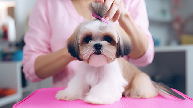 Cute Shih Tzu dog in the caring female hands of a professional groomer, cutting and styling a long-haired dog