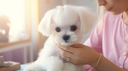 Cute, freshly trimmed and combed Maltese dog in the hands of a professional groomer in a pet salon. Dog grooming