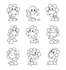 Cute chamomile character. Coloring Page. Kawaii daisy flower different poses and emotions, love, joy, sadness, anger. Vector drawing. Collection of design elements.
