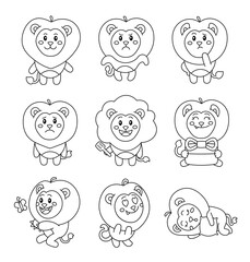 Cute lion character. Coloring Page. Kawaii mammal animal different poses and emotions, love, joy, sadness, anger. Vector drawing. Collection of design elements.