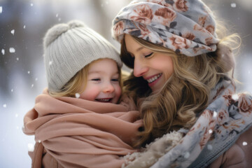 Obraz premium Mother and son enjoying the winter in the outdoors