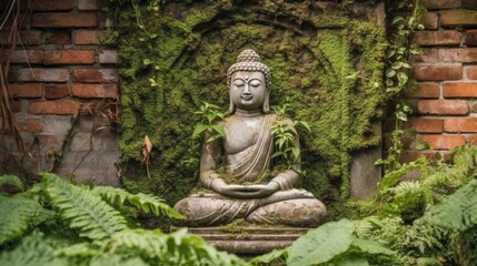 Buddha statue situated on brick wall with plants and moss growth. 