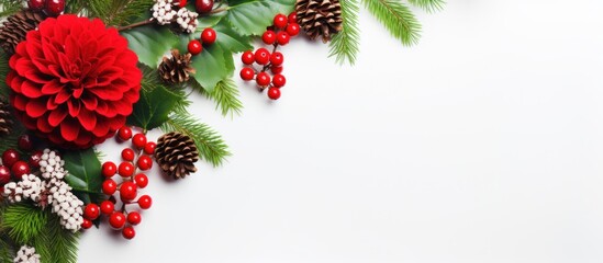 Celebrate Christmas with a table display of fir, oak leaves, rowan berries, chrysanthemums, and pine cones.