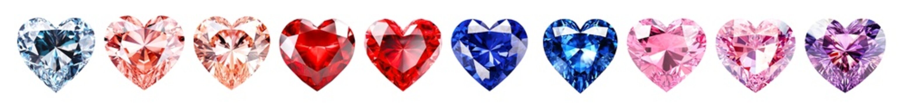 Set of colorful shiny gemstones, diamonds, crystal, sapphires, rubies in heart shape isolated cutout on transparent background.