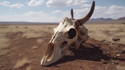 Cow head skeleton over the route and the dry environment  - obrazy, fototapety, plakaty
