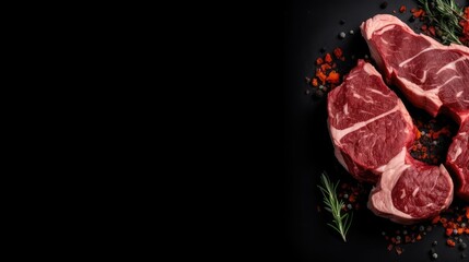 Cow made up of pieces of beef on black marble. Creative concept marbled beef meat. Top view, Copy space 