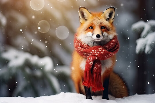 Cute fox in a red Christmas scarf against snowy winter forest background. Holiday greeting card concept. Animals in the wild.