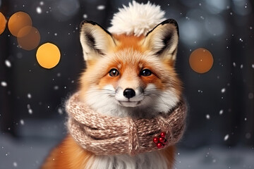Obraz na płótnie Canvas Cute fox in a Christmas scarf against snowy winter forest background. Holiday greeting card concept. Animals in the wild.