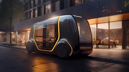 Autonomous robot taxi outside hotel/luxury accommodation - yellow brown color tones 