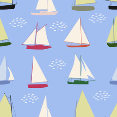 Boats seamless pattern. Summer sea print with sailing ships. Nautical vector background