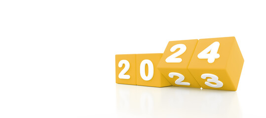 happy new year 2024,, 2024 new year, 3d illustration of 2024 yellow dices turning year from 2023 to 2024 on white background with empty space for text, New year wishes greeting card