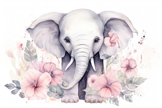 Tranquil Baby Elephant Watercolor Painting with Pink Flowers and Green Leaves