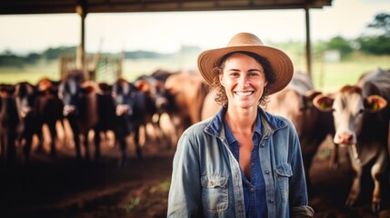 Portrait of a young woman on a farm with cows in the background. Woman farmer concept - obrazy, fototapety, plakaty