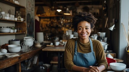 A porcelain lady, dressed in a smile and kitchen attire, gracefully holds a bowl of coffee in one hand while the other rests on the table adorned with pottery and serveware, her surroundings reflecti - obrazy, fototapety, plakaty