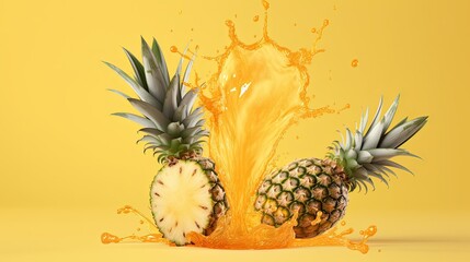Flying in air fresh ripe whole and cut baby Pineapple with juice splash isolated on pastel yellow background. High resolution image  - obrazy, fototapety, plakaty